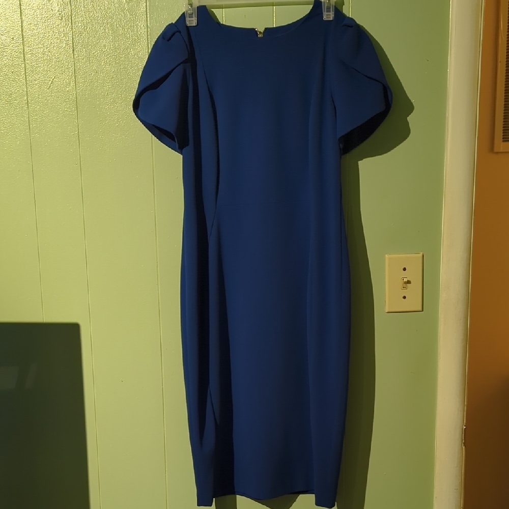 Calvin Klein Blue Puff Sleeve Sheath Midi Dress